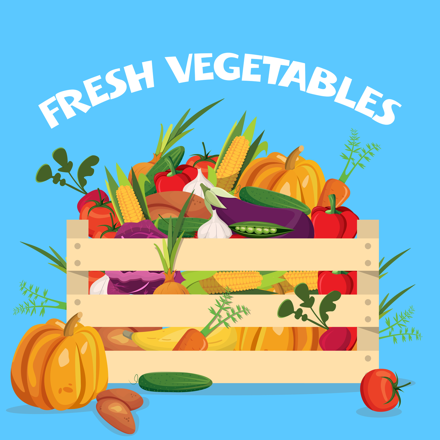 Vegetables colored composition with veggies in a wooden box and headline fresh vegetables vector illustration